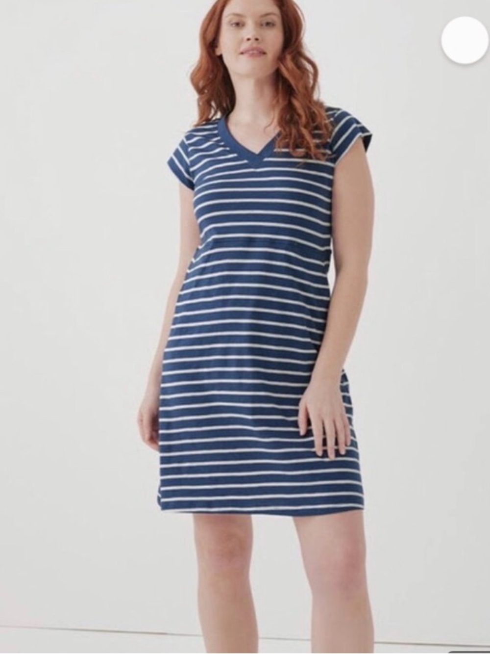 Pact Navy and White Striped V-Neck Tee